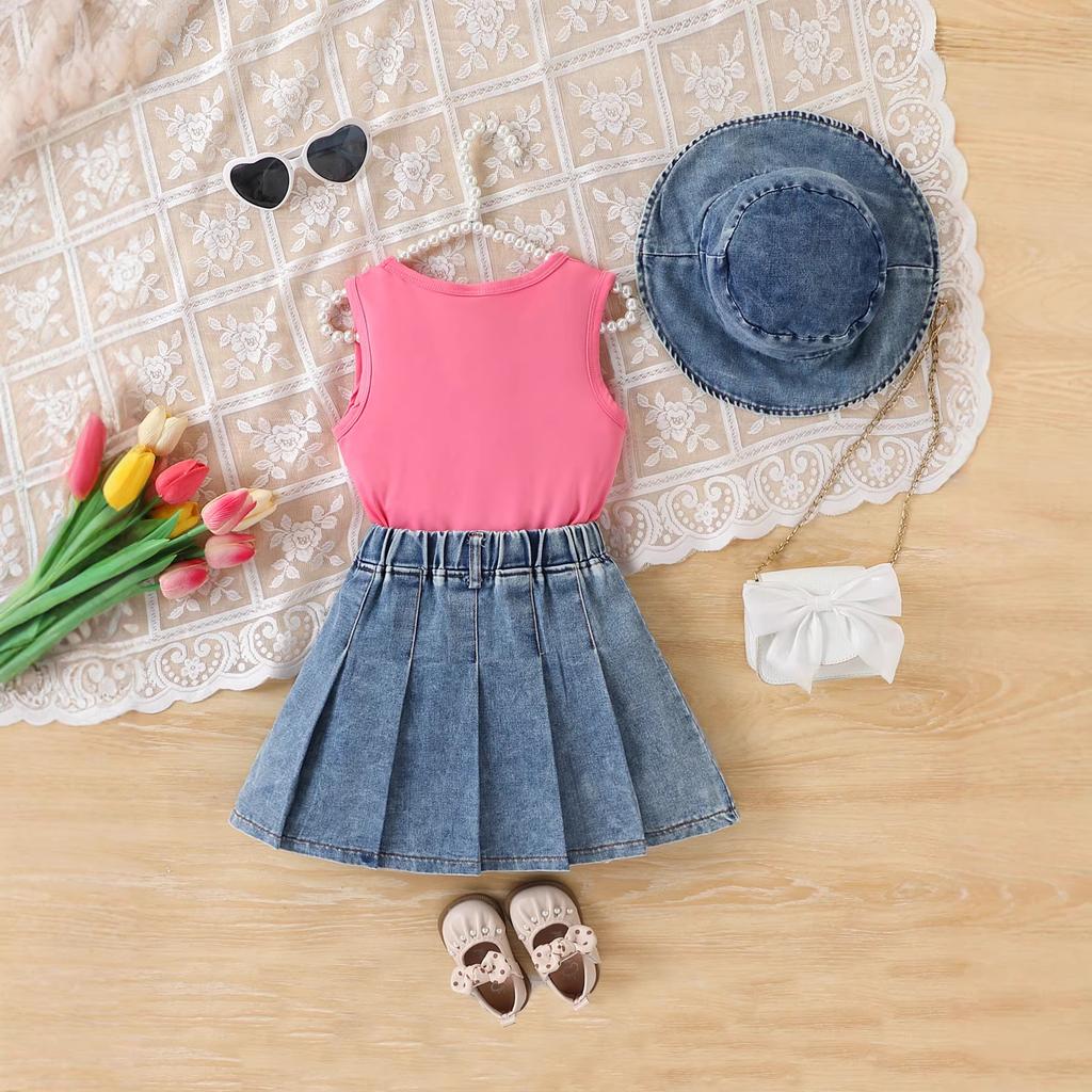 Girls' Fashion Three-Piece Summer Children's Sweet Princess Top + Jeans + Cowboy Hat Set