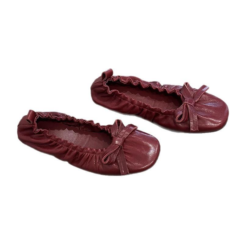 Sheepskin version~ 2025 new retro bow light mouth elastic mouth flat sole shoes women's round head ballet shoes
