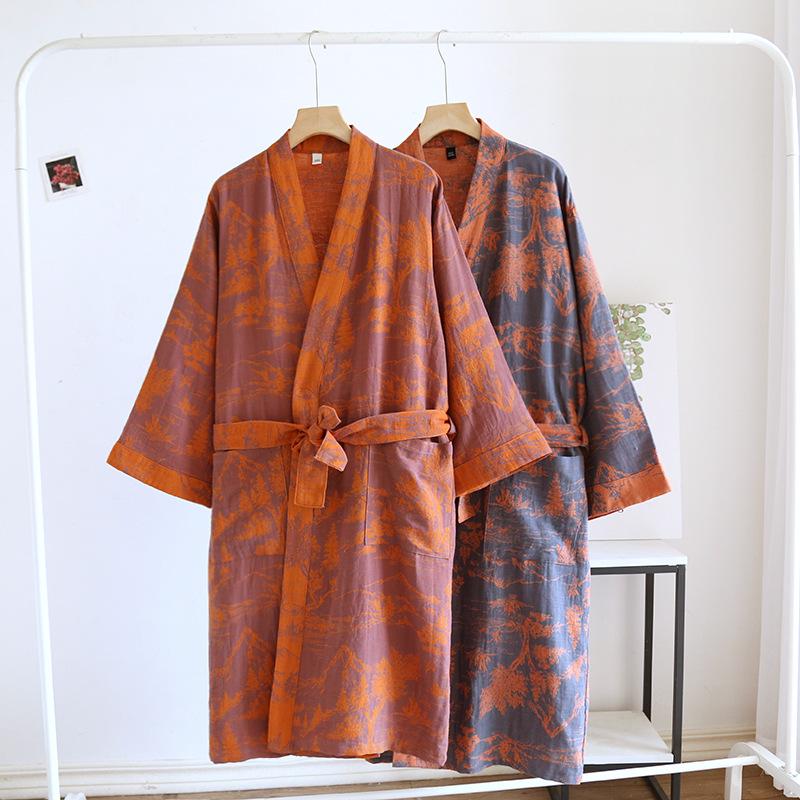 Men's Cotton Jacquard Long Sleeve Robe with Belt - Comfortable Couple Style Bathrobe.