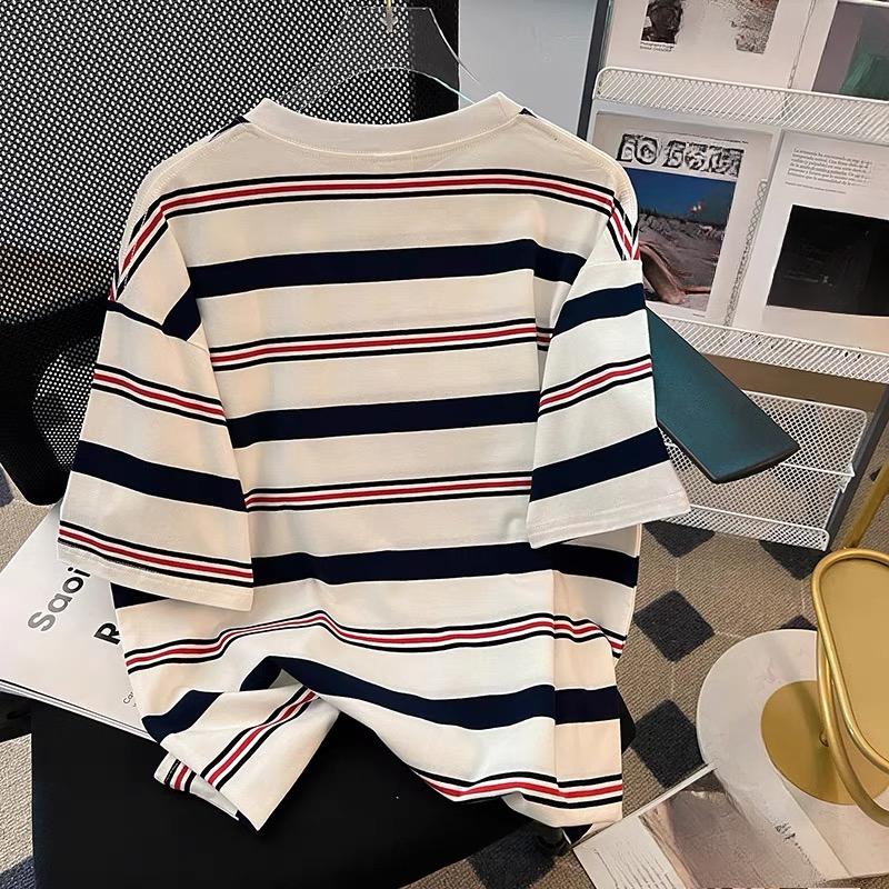 harajuku cartoon embroidery short sleeve T Shirt 2025 Summer fashion stripe T-shirt casual loose Women Clothing young girls white y2k Tops streetwear