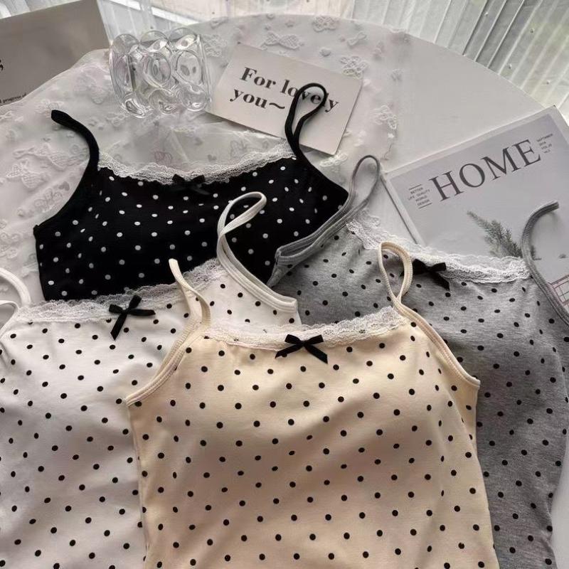 Damen Sommer Süß Gepunktet Spitze Rand Trägertops Schleife Innenschicht Unterhemd mit BH-Pad Schlank Rückenfrei Sexy Basic Crop Top