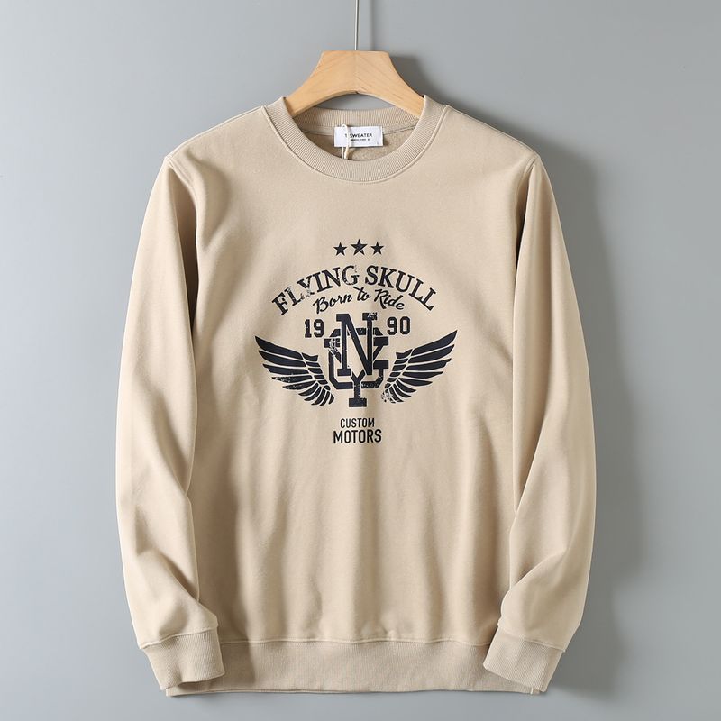 Men's Casual Printed Versatile Round-Neck Long-Sleeve Pullover Sweatshirt with Fleece Lining for Autumn and Winter, Export Surplus