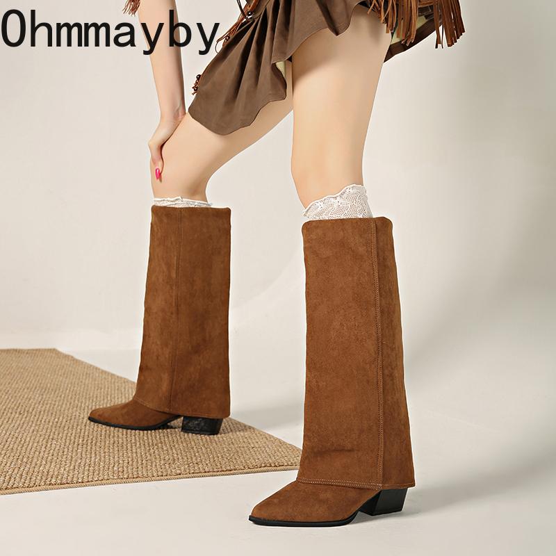 Fashion Splicing Women Knee High Boots Square Heels Party Stripper Shoes Ladies Autumn Winter Pointed Toe Long Booties