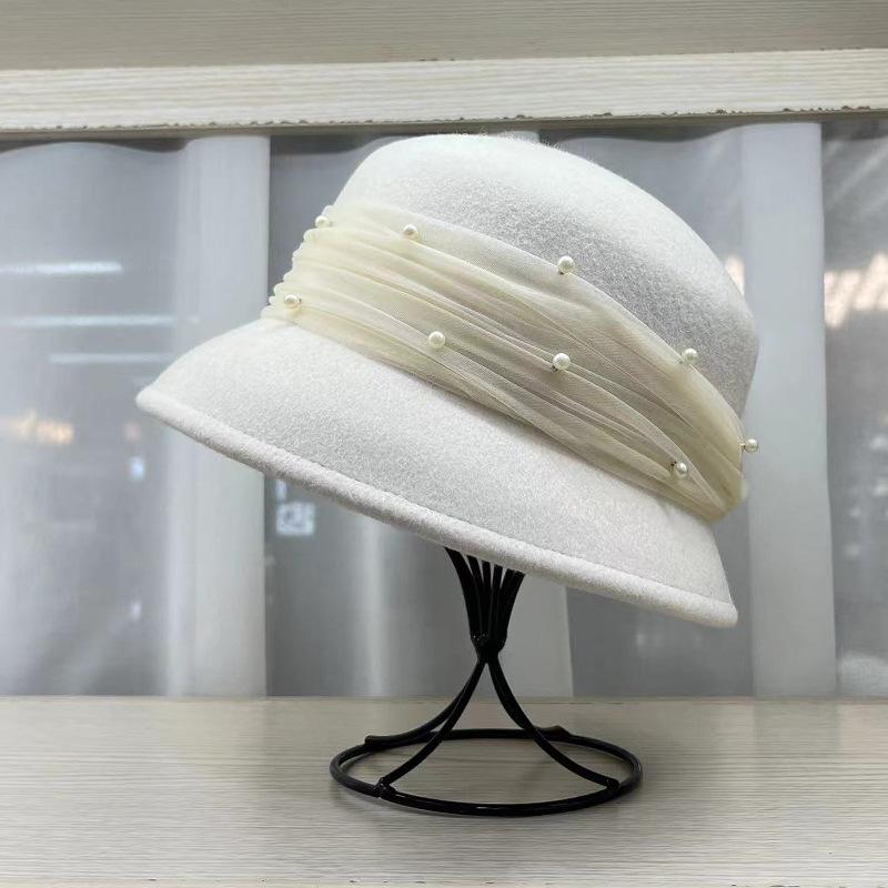 White wool pearl bucket hat high-end temperament French retro elegant top hat bowl golden woolen pot hat girl
