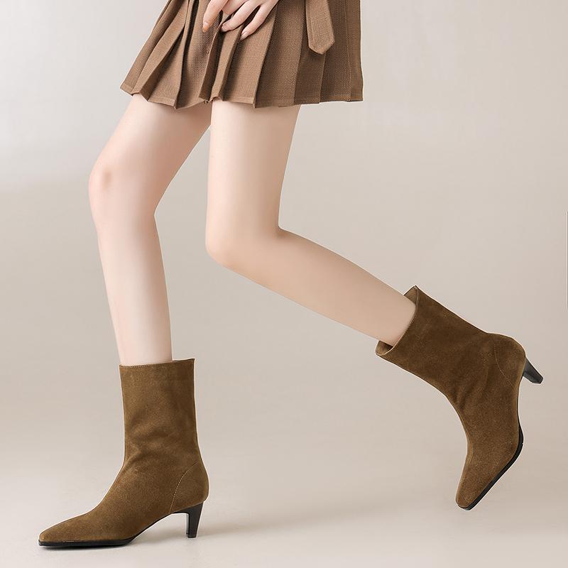 Fashion 2025 NEW Autumn Women Boots Square Toe Cow Suede Women Shoes Spike Heel High Heel Mordern Boots Daily Shoes Mid-calf Boots