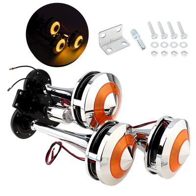12V 24V Triple Trumpet 300DB Super Loud Chrome Plated Air Horn Kit with LED Light Wear-resistant for Truck Motorcycle Boat