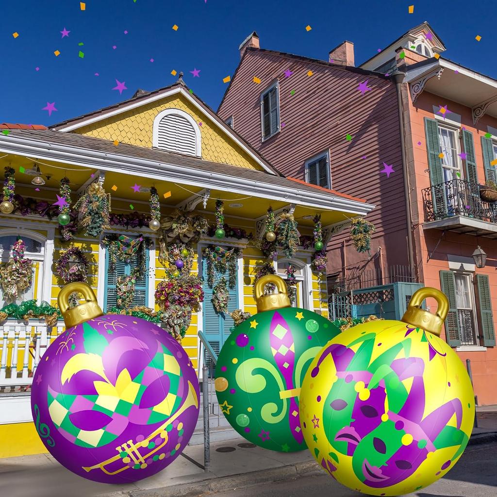 3 Pcs 24 Inch Mardi Gras Decorations Giant Mardi Gras Inflatables Ball Masquerade Inflatables PVC Outdoor Air Blow up Balls for Themed Party