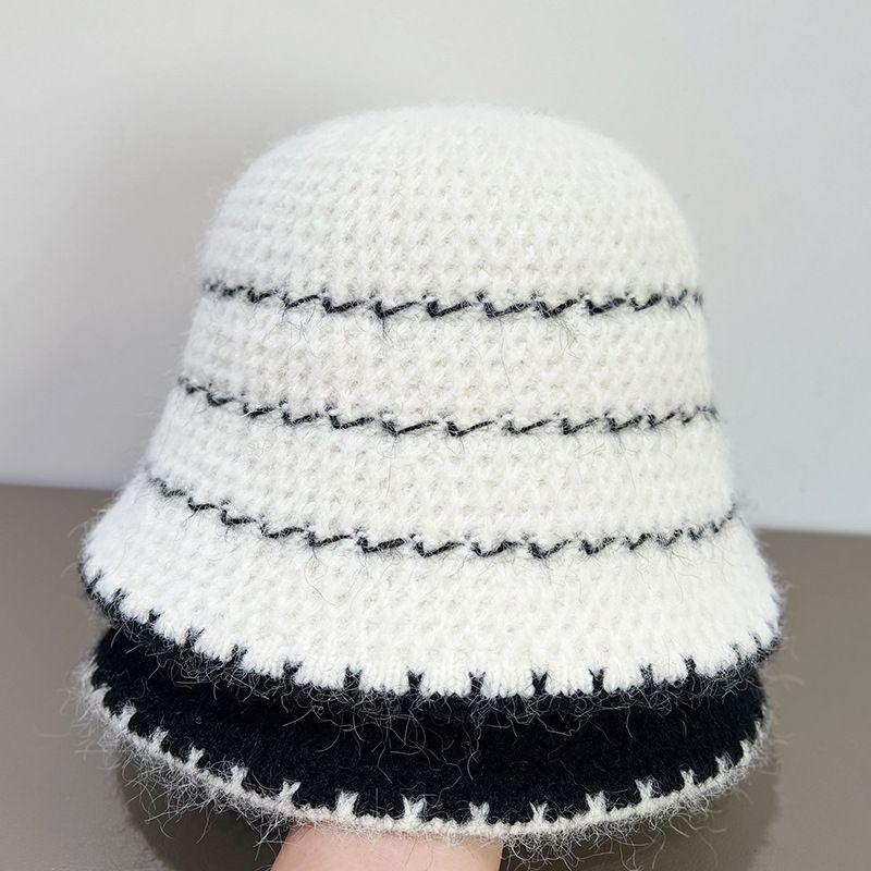 Autumn and Winter Knitted Bucket Hat Retro Striped Knitted Hat Women's Bucket Hat Basin Hat