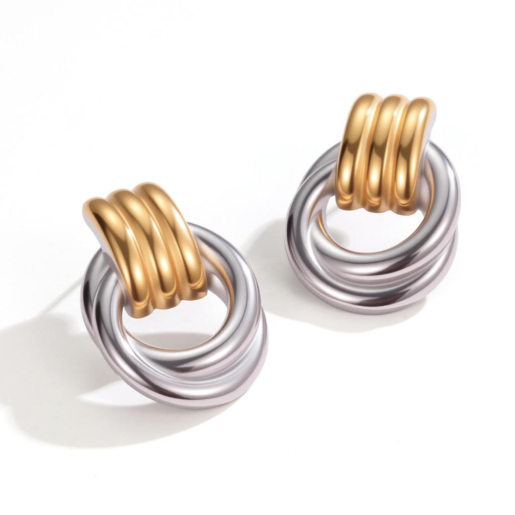 Elegant Geometric Gold & Silver Stud Earrings – Stainless Steel Fashion Statement