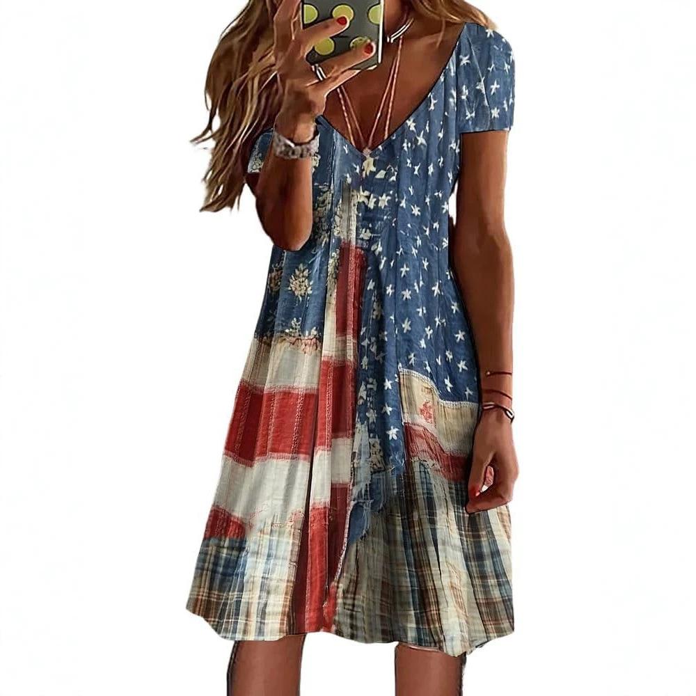 New Summer Ladies American Flag Stars and Stripes Printed Short Sleeve Dress
