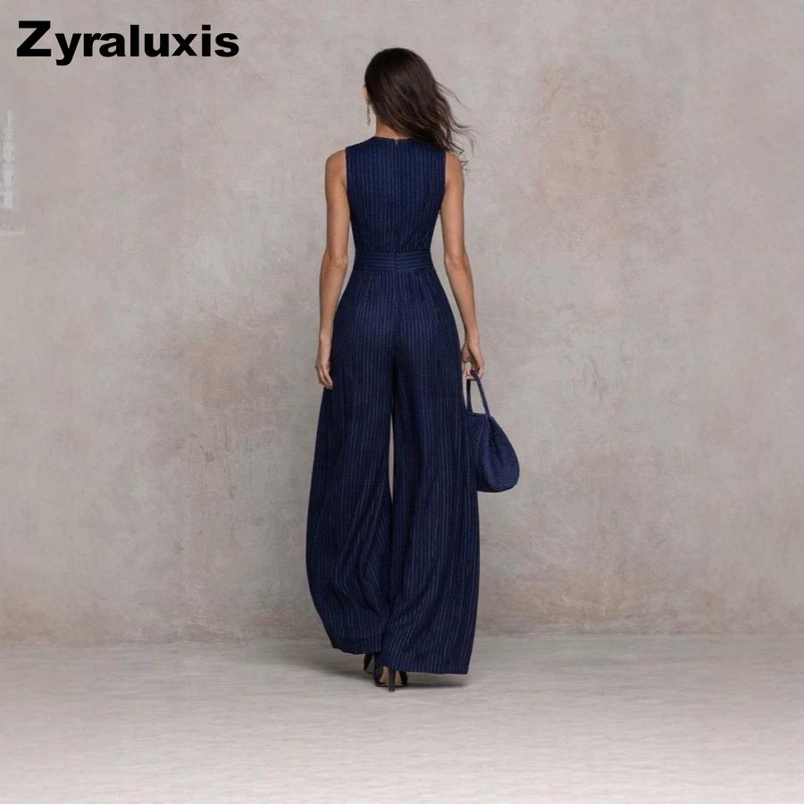 Tuta da Donna Senza Maniche a Righe Blu Scuro Wind, Vita Larga, Gamba Larga, Stile Lungo Elegante Moda