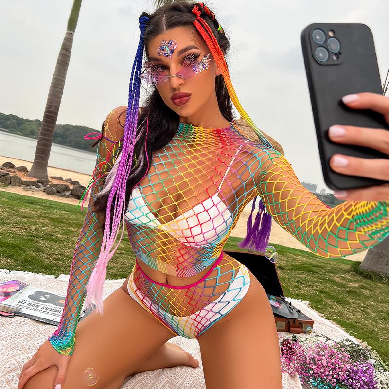 Erotic Sex Costume Womens Lingerie Cosplay Rainbow Two-piece Set Bodysuit Fantasia Sexys Feminina Erotic Sheer Underwear Set