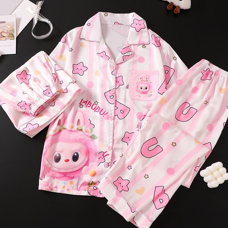 Girls Ice Silk 3-Piece Pajama Set Short Sleeve Sleepwear Kids 8 Years Cartoon Print Lightweight Air-Conditioning Suit