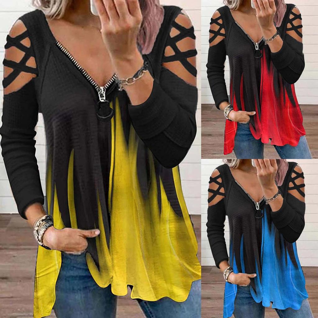Fashion Women's Loose Zipper V-neck Lace  Long Sleeve Print Splicing Tops