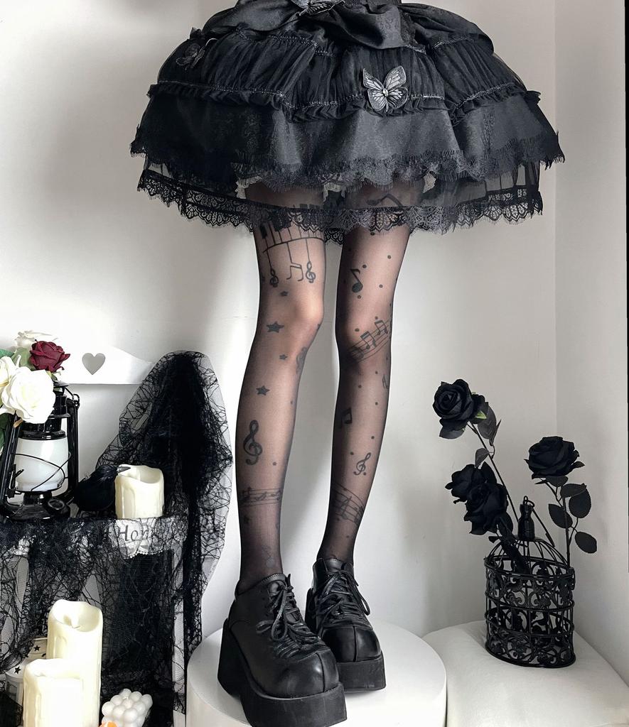 Musical Note Black Stockings Symbol Print Lolita Tights Women Hosiery Sweet High Y2K Girls Stocking Tights Club Party Pantyhose