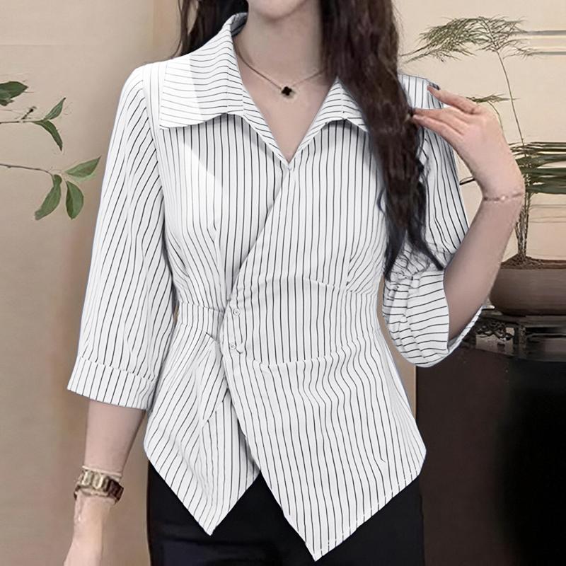 

ZANZEA Женская повседневная блузка с отложным воротником, рукавом 3/4 и узким полосатым принтом 2XL белый