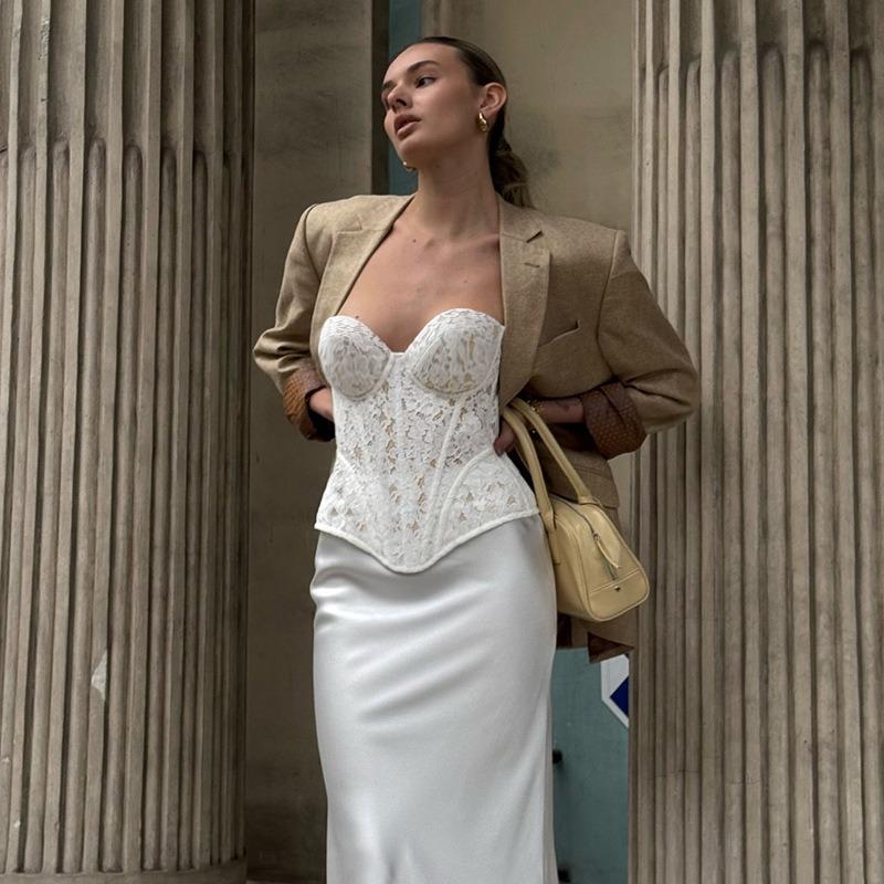Sexy Lace Embroidered Strapless Bandeau Cinched Waist Crop Camisole Top For Women