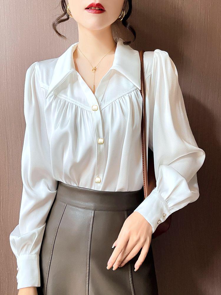 

Женская белая рубашка с V-образным вырезом 2024: Повседневный, Универсальный Топ с Рукавами-Пузырями для Весны и Осени M белый