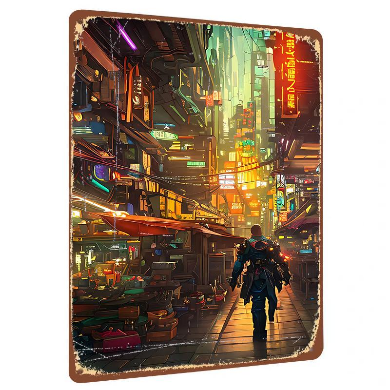 

Cyberpunk City Night View Metal Wall Art Futuristic Tech Decor Bar Living Room Hanging Painting 20x30cm（7.8x11.8inch）