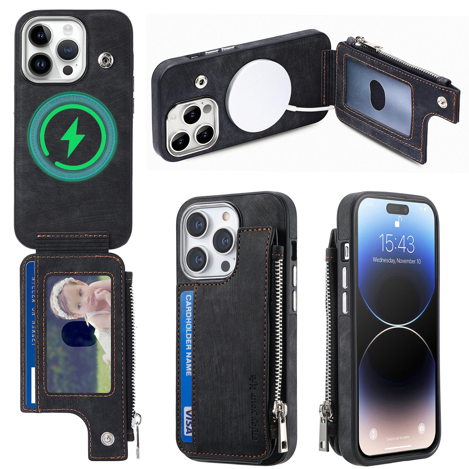 

Для iPhone 14 Pro Магнитный чехол Держатель для карт Подставка Задняя крышка из ТПУ+кожи Black