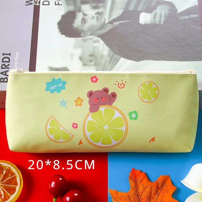 Cute Candy Color Cartoon Bear Rabbit Fruit PU Pencil Case Portable Large Capacity Stationery Storage Bag Kawaii School Supplies