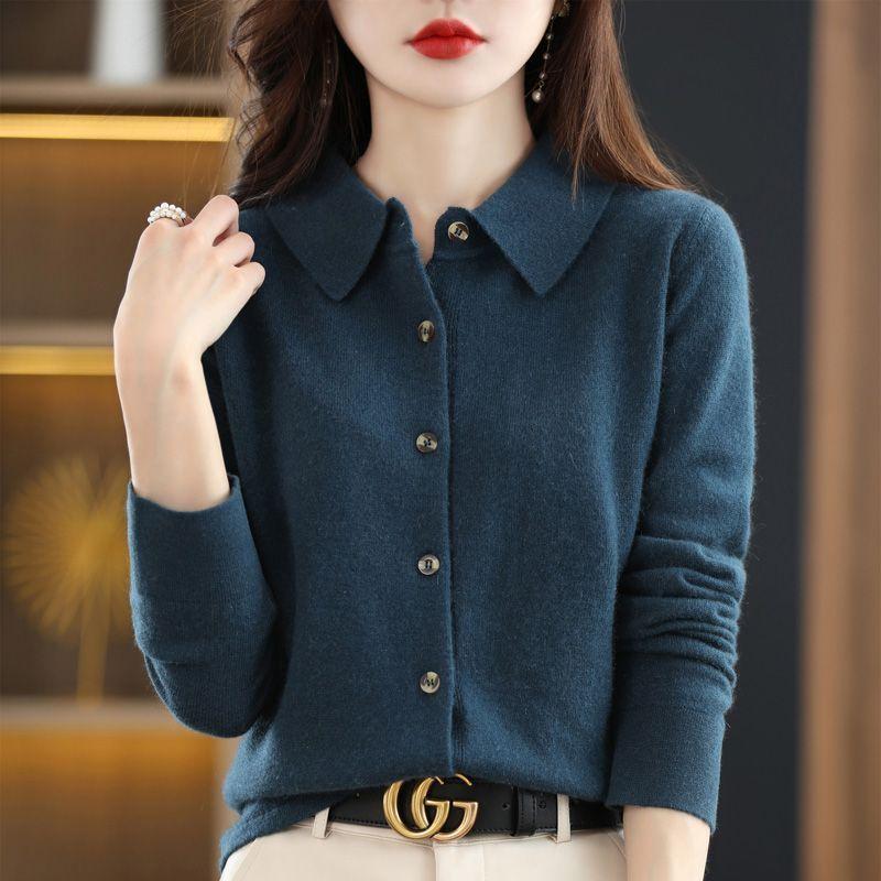 Spring Autumn Women's Wool Cardigan Solid Color Polo Collar Knitted Cardigan Long Sleeve Slim Fit Stretch Wool Cardigan