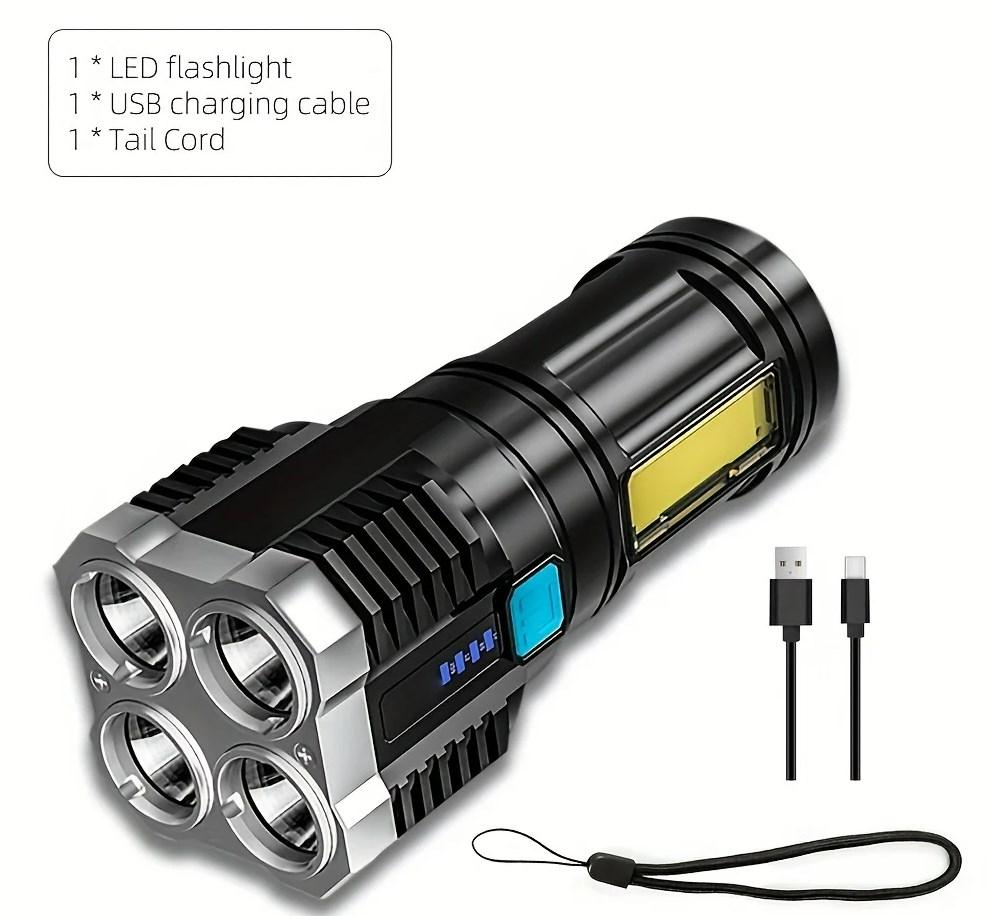 Portable Powerful 4 LED Flashlight With COB Side Light 4 Modes USB Rechargeable Torch Camping Tool Searchlight for Outdoor