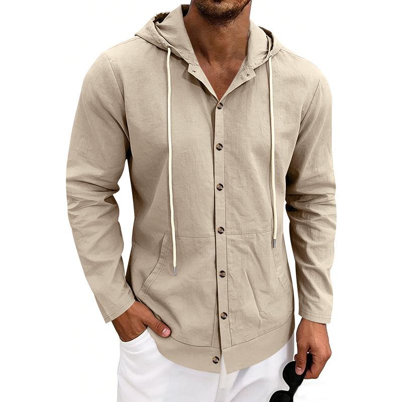 Men Linen-Like Button-Up Hooded Long Sleeve Jacket S бежевый