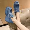 New  High Heel Women Shoes Platform Women Denim Shoes Slip On Thick High Heels Fashion Woman Round Toe Chunky Heels D25