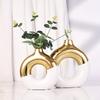2-Piece Boho Ceramic Vase Set - White & Gold Round Bud Vases, Elegant Home Decor for Centerpieces, Living Room & Kitchen