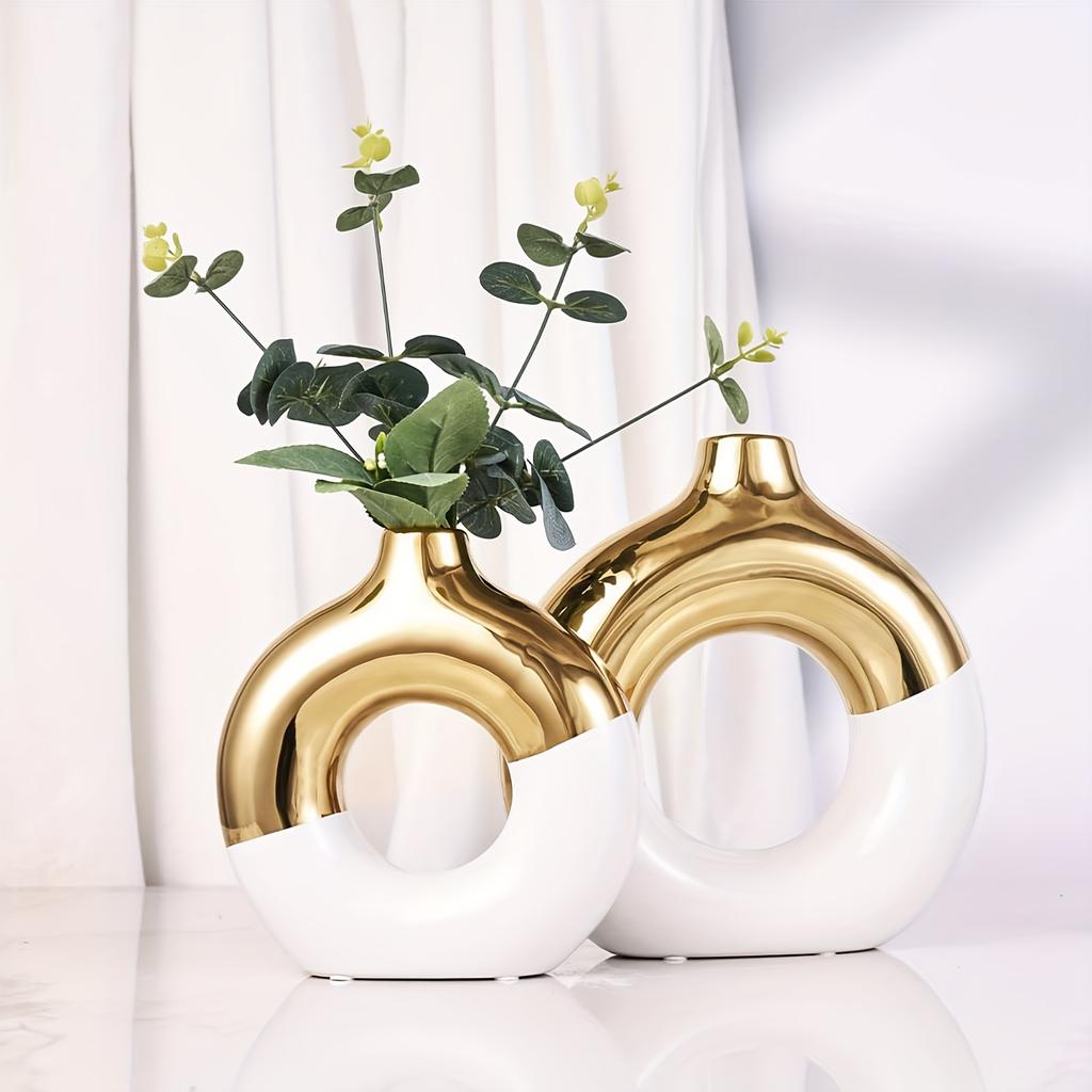 2-Piece Boho Ceramic Vase Set - White & Gold Round Bud Vases, Elegant Home Decor for Centerpieces, Living Room & Kitchen