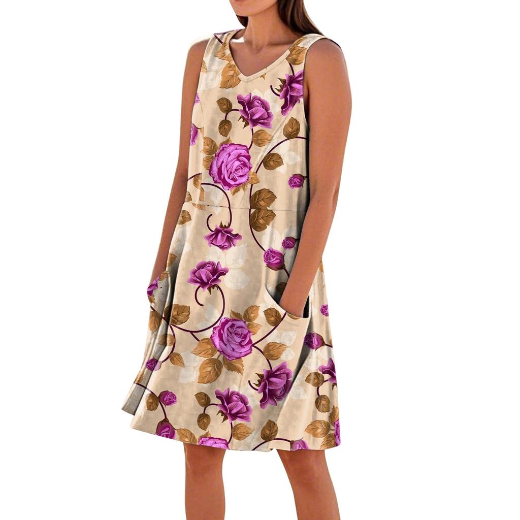 Ärmelloses Damen-Sommerkleid mit V-Ausschnitt, Blumendruck, lässig, mit Taschen, lockere Passform, leicht, für den täglichen Gebrauch