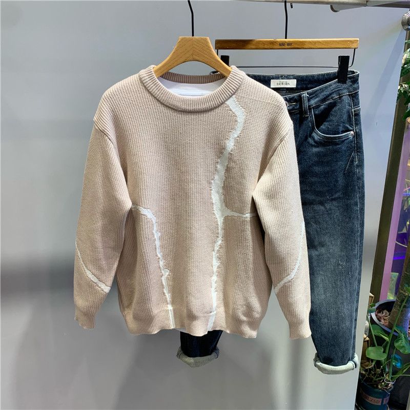 

Мужской осенне-зимний новый модный свитер свободного кроя с цветовой блокировкой, теплый повседневный свитер с круглым вырезом, базовая футболка 4XL абрикосовый