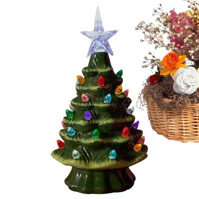 Keramik Weihnachtsbaum mit Baumspitze Stern Mehrfarbige Lichter Vintage Grün Tischweihnachtsbaum Indoor Sammlerdeko