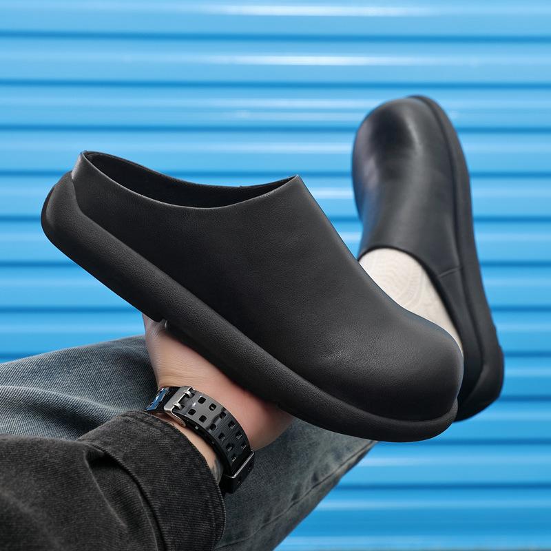 2025 New Designer Retro Soft-soled Half Slippers for Men Summer Autumn Fashion Casual Solid Color Cow Suede Leather Shoes Man