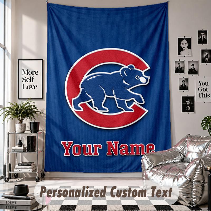 Wall Hanging Tapestry With Custom Name & Text, Chicago Cubs Decorative Tapestry For Bedroom