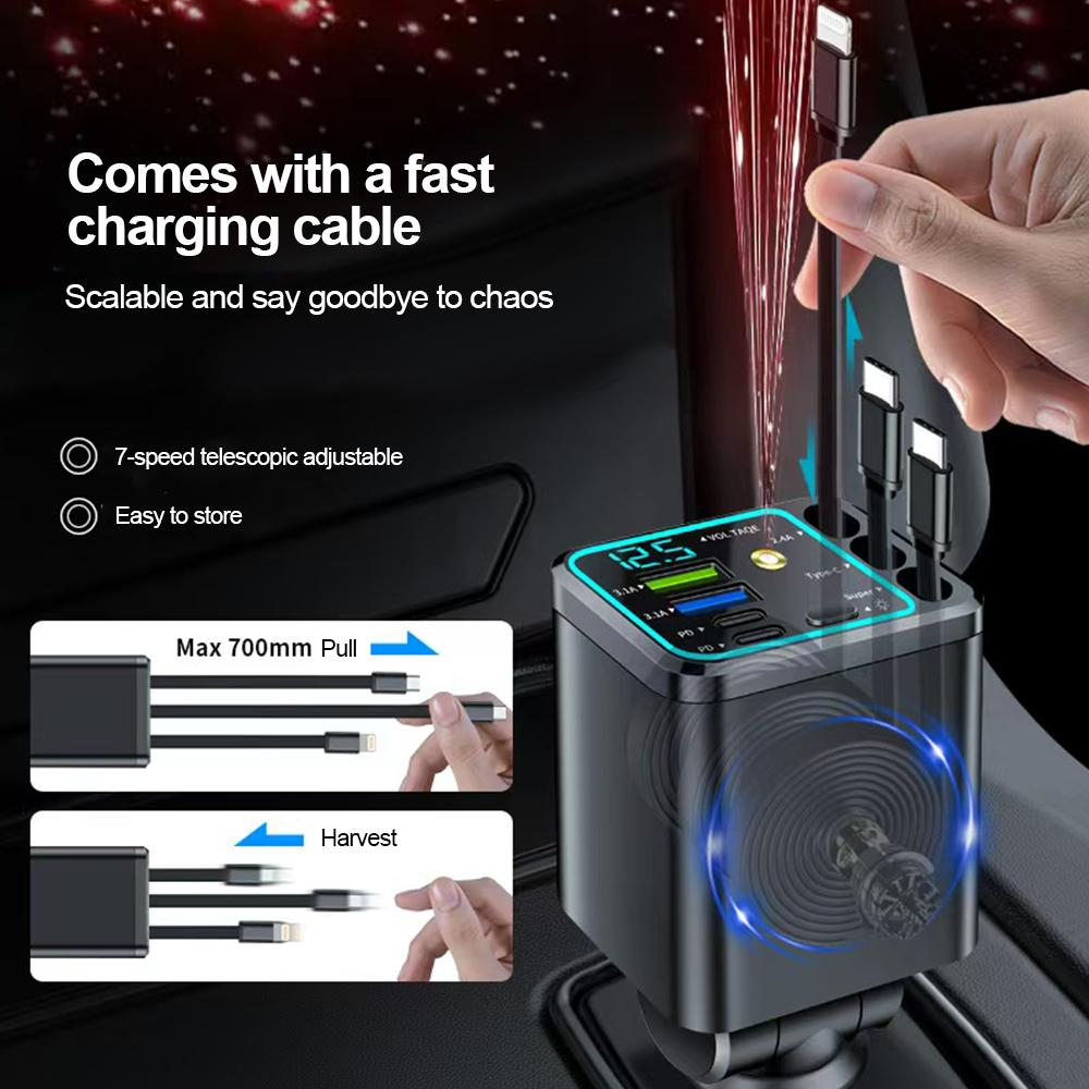 7-IN-1 Car Charger Retractable Type C Cable Fast Charge Cigarette Lighter Adapter Type C USB Charger For IPhone Huawei Samsung