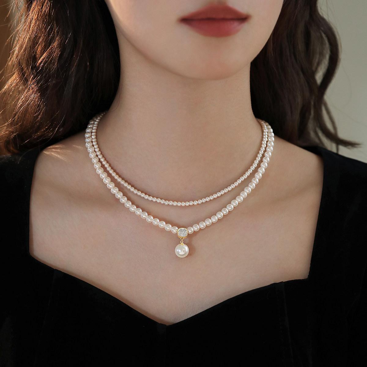 

Double Glass Pearl Zircon Square Necklace Women S Light Luxury Millet Beads Can Be Split Into Light Luxury Niche Stacked Collarbone Chain