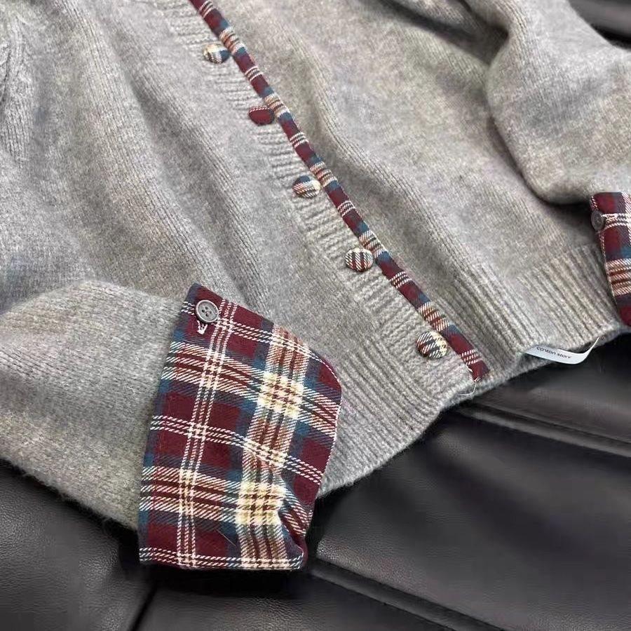 Korean Style Plaid Patchwork Two-Piece Look Sweater - Women's Autumn/Winter Loose Knitted Cardigan.