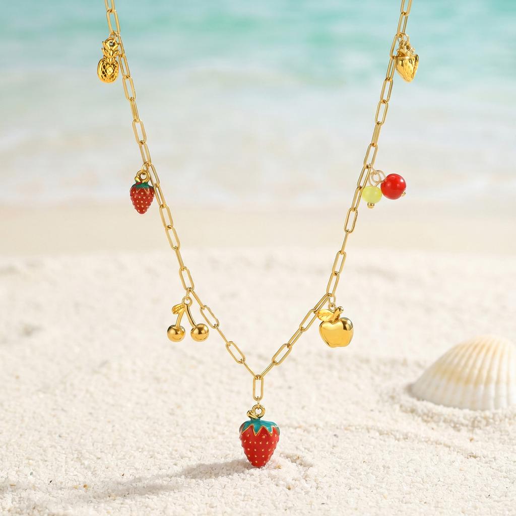 Fruit Necklace for Women, Adjustable Paperclip Chain, Y2K Cute Strawberry Apple Cherry Enamel Charm Pendant Jewelry Gift