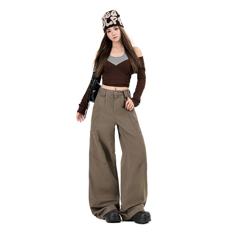 Early Spring Coffee Y2K Cargo Relaxed Wide Leg Denim Cargo Pants For Ladies Casual Pants Oversize Denim Trousers