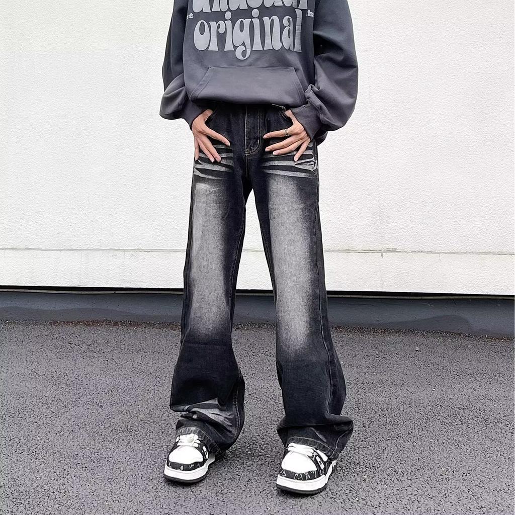 Manufacturer American retro washed black and gray micro-horn jeans men's high street style simple slim straight pants