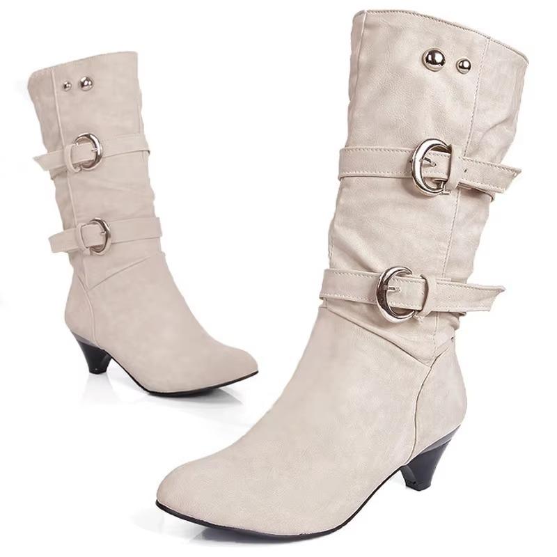Modne Damskie Buty Na Grubej Podstawie Codzienne Okrągły Nosek Buty Jesień Zima Do Połowy Łydki Damskie Klamra