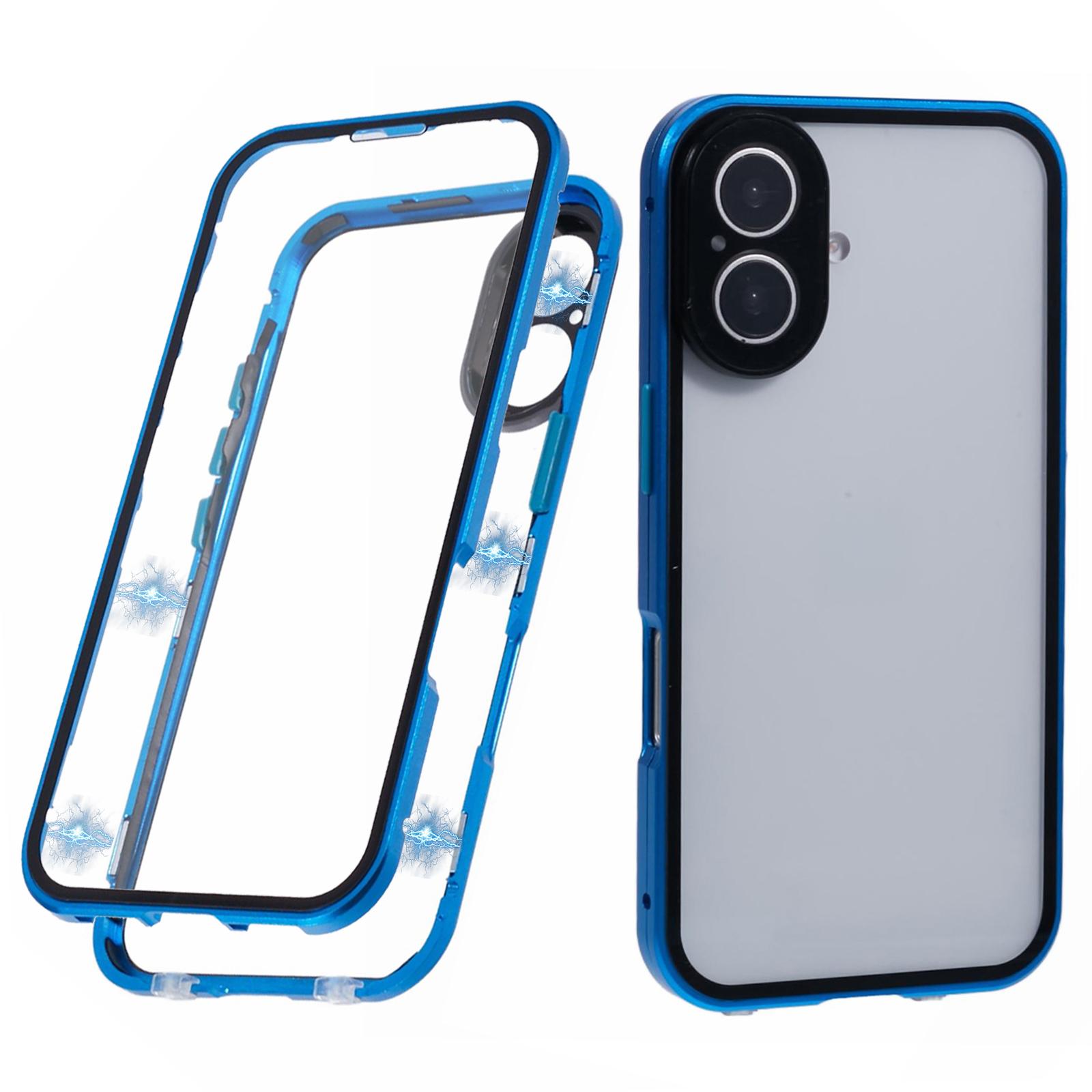 

For iPhone 16 Plus Case Magnetic Adsorption Double Sides Tempered Glass+Metal Phone Cover with Buckle Blue