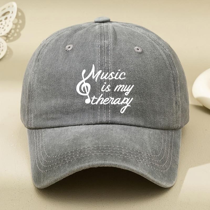 Music is my Relax White Letter Print Womens Large Head Baseball Cap Distressed Washed Hat Mens American Wide Brim Retro