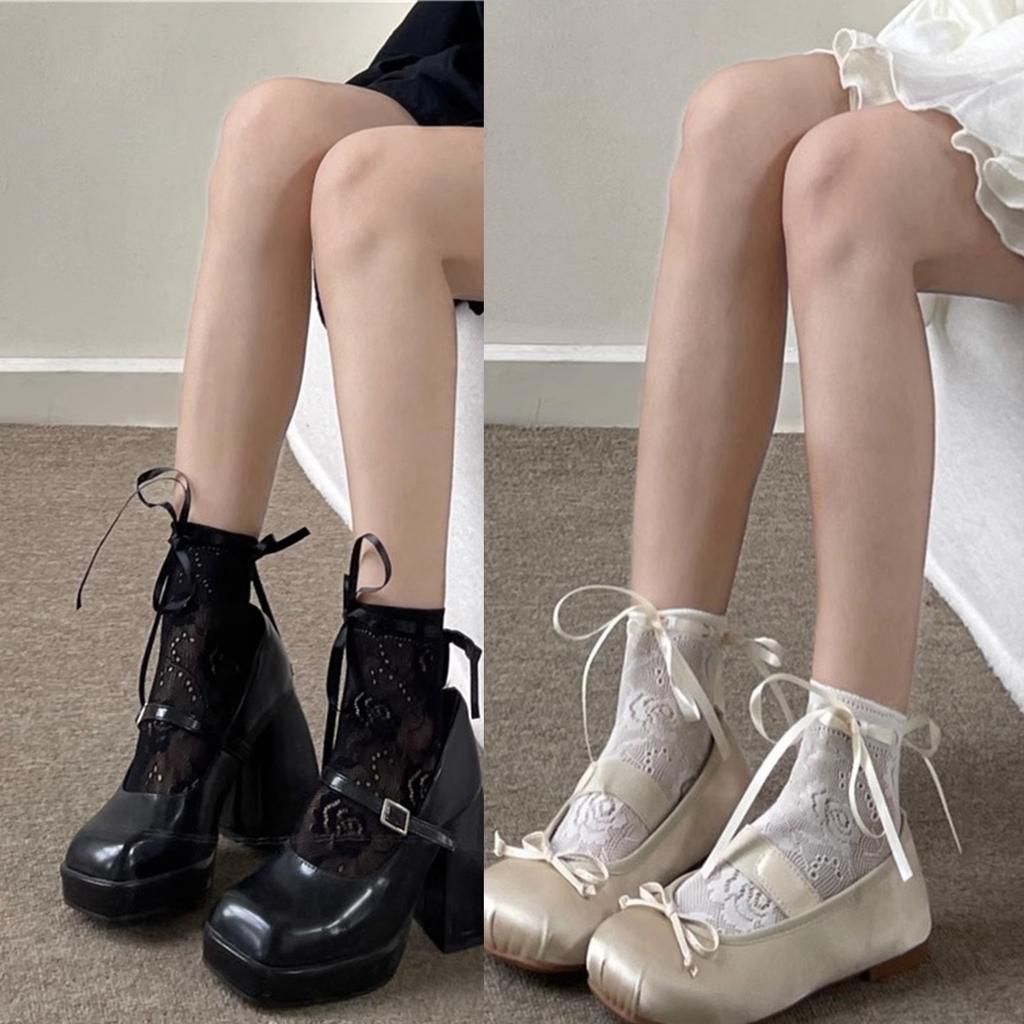 Women Sweet Hollow-Out Floral Lace Ankle Socks Japanese Cute Lace Up Bowknot Crew Socks Solid Color Middle Tube Socks