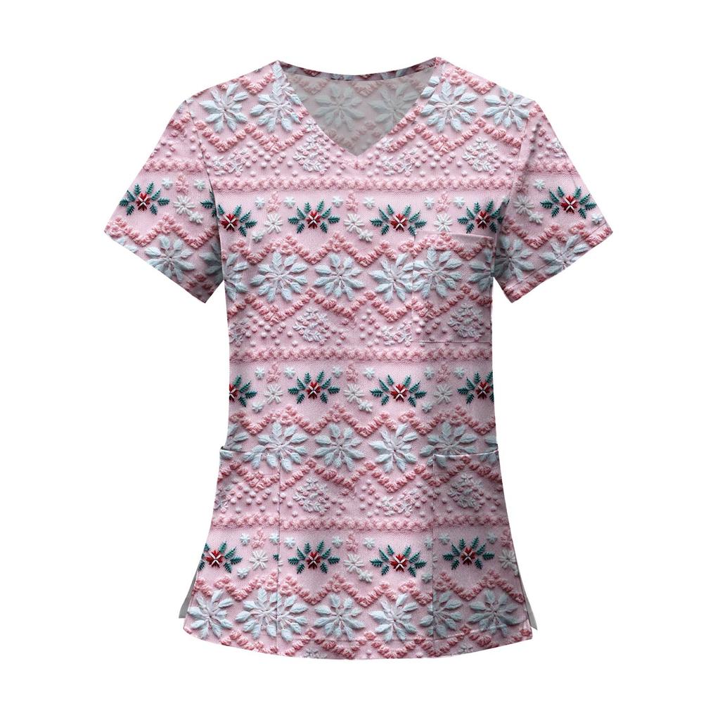 Women's Fashion Printed Short Sleeve V Neck Pattern Tops Pocket Working T-shirts