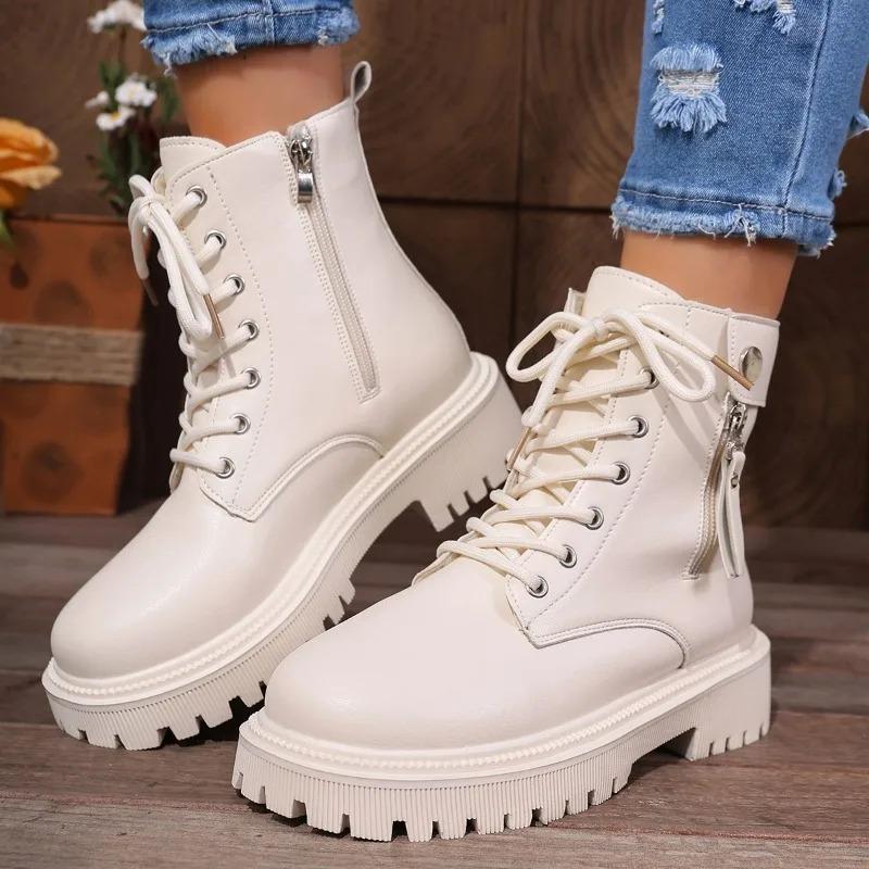 New Women Platform Boots Solid Color Lace Up Side Zipper Ankle Boots Winter Women Shoes Large Size Ladies' Shoes