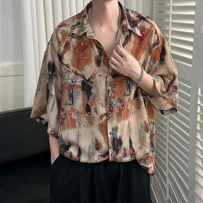 Flower Shirt All Match Style Summer Thin Short Sleeved Men's Ice Silk Outfit Retro Fashionable Shirt  Top