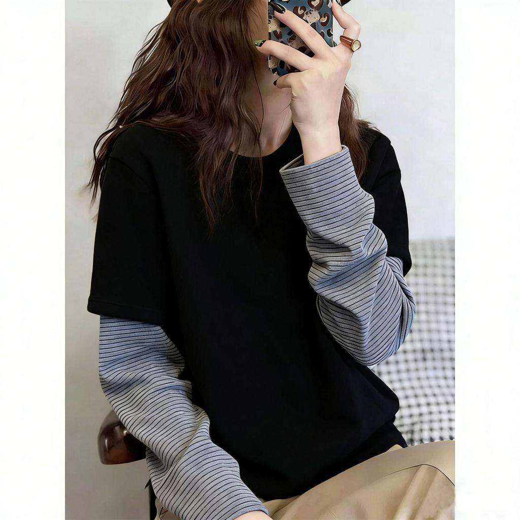 Korean Style Striped Patchwork Long Sleeve Women's Thermal T-Shirt - Versatile Fake Two-Piece Fleece Layer for Autumn/Winter